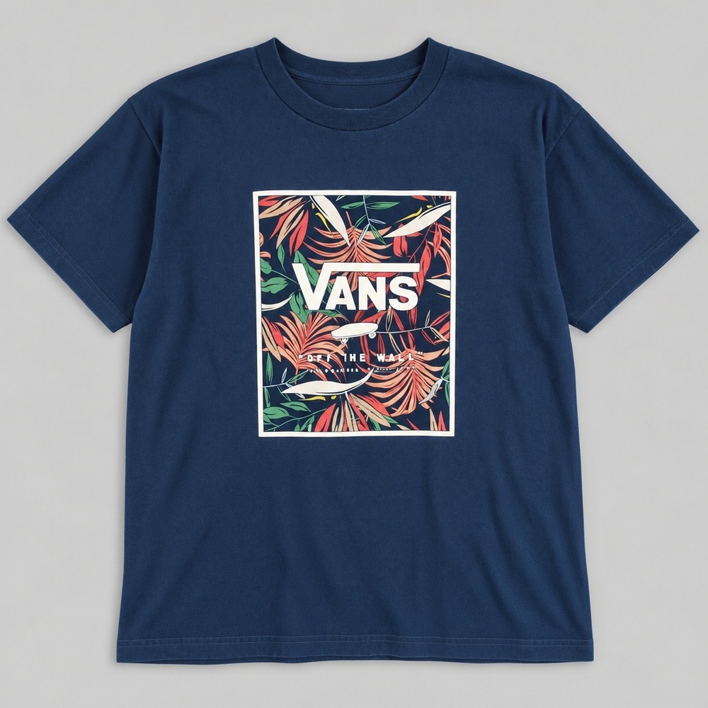 Vans Boys XL 14+ Navy Blue Tropical Floral Graphic T-Shirt Custom Fit